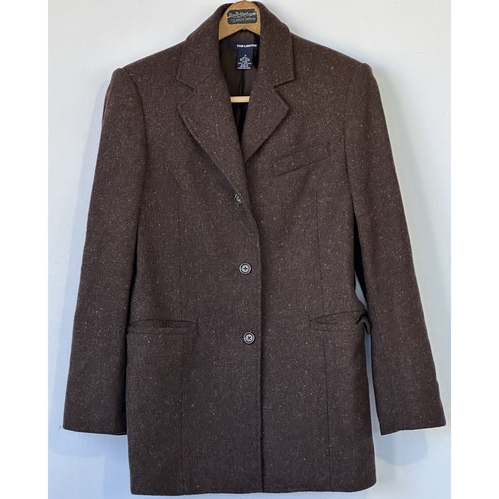 Long Wool Blazer Business Jacket Brown Tweed WOmen's Sz 2 Office‎